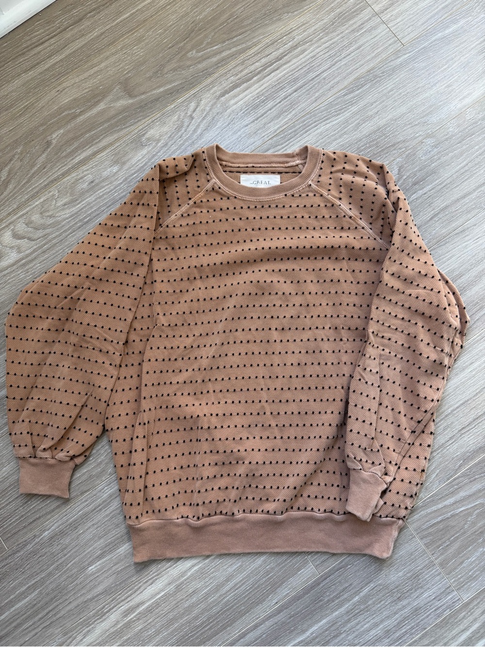 The Great Women’s Swiss Dot College Crewneck Sweatshirt Sz 1 (S) Brown Tan